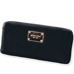Michael Kors Zip Around Continental Black Leather Wallet with Gold Hardware